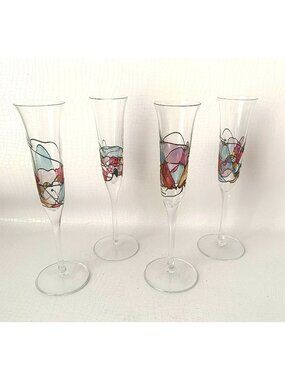 4 Cristiro Milano Mosaic Crystal Champagne Romanian Flutes Wine Glasses Vintage